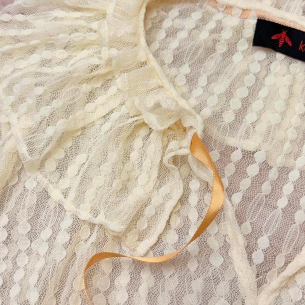 Sheer Lace Coquette Blouse Ivory Mesh Balletcore Ribbon Top‎ Womens S - Picture 2 of 8
